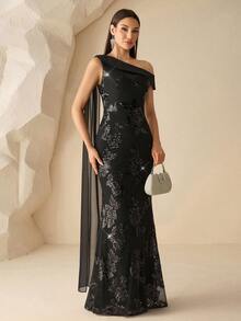 XUCTHHC Elegant One Shoulder Black Flower Sequin Mermaid Formal Evening Gown, For Wedding,Birthday,Prom,Graduation, Festivals, Fall/Winter - Black - View 3