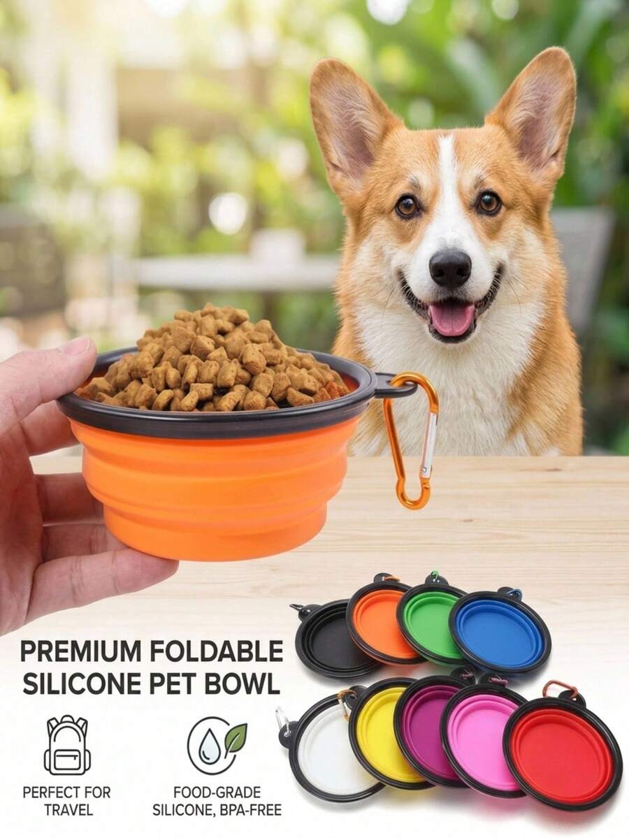 PETSIN 1个可折叠硅胶狗碗，狗碗，狗狗用品，狗狗礼物，便携式幼犬食物容器，喂食碗，水壶，适合户外远足和露营，易于存放和清洁（带登山扣）