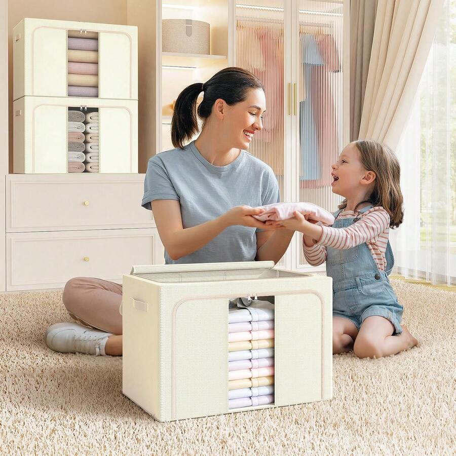 Foldable Clothes Storage Bins With Metal Frame, Large Capacity Clear Window Closet Storage Organizer Containers With Front Opening, For Clothes, Bedding, Blankets, Pillows, Towels - Multicolor - View 1