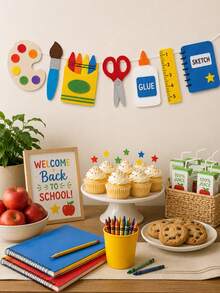 1pc-Back To School Art Garland Banner, Paint Palette Brush Crayon Scissors Glue Bottle Ruler Sketchbook Cutout Hanging Sign, Foldable Lightweight Wall Decor For Art Classroom Library Study Office First Day School Indoor Party Wall Decoration - J - View 1