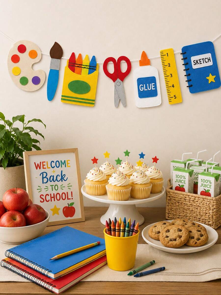 1pc-Back To School Art Garland Banner, Paint Palette Brush Crayon Scissors Glue Bottle Ruler Sketchbook Cutout Hanging Sign, Foldable Lightweight Wall Decor For Art Classroom Library Study Office First Day School Indoor Party Wall Decoration - J - View 1