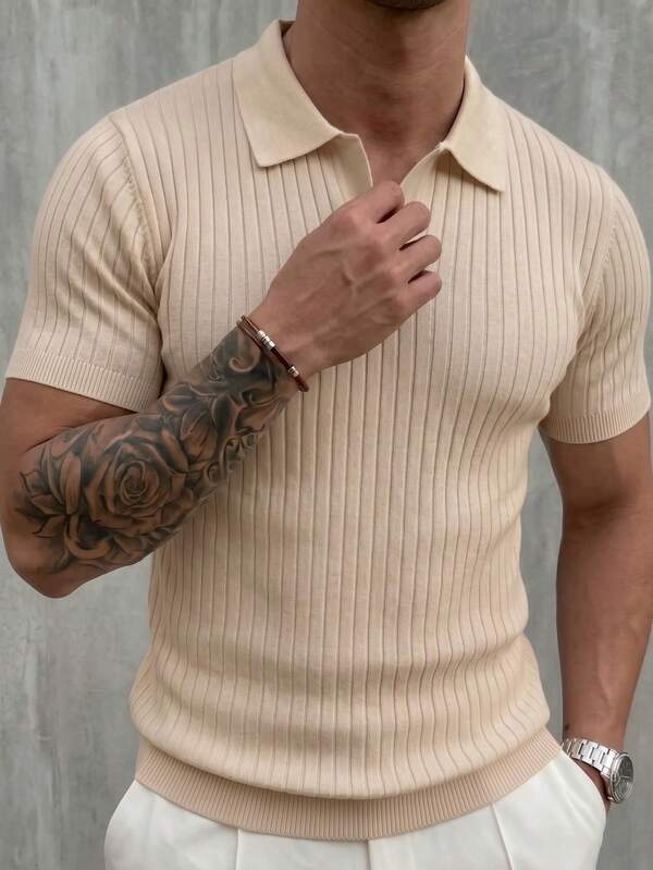 Men's Classic Ribbed Collar Knit Solid Color Short Sleeve Shirt, Suitable For Summer Outings, Essential Fashion Item