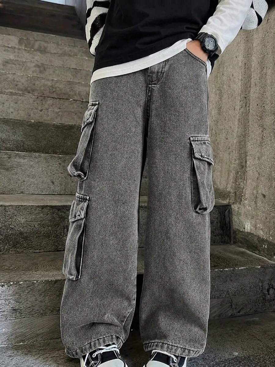 Celana Jeans Denim Anak Laki-Laki, Model Baru Musim Semi/Gugur 2026, Celana Kargo Kasual Potongan Lurus untuk Anak-Anak Ukuran Sedang hingga Besar - Dark Grey - View 1