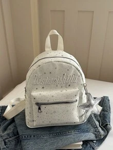 時尚星星與字母圖案經典復古風女款後背包、手提包、小包，百搭休閒拉鍊包 - 米色 - 查看 6