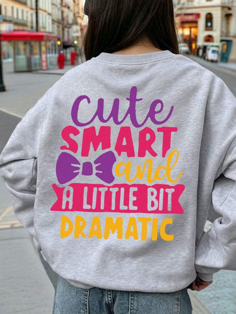 Casual Comfortable Bow Slogan Print Crew Neck Sweatshirt, Fashionable Autumn Outfit For Girls - Grey - View 1