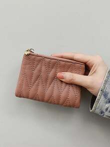 Portefeuille bifold matelassé brodé pour femmes avec poche zippée pour pièces, fentes pour cartes, porte-monnaie multifonction - Rose bonbon - Voir 3