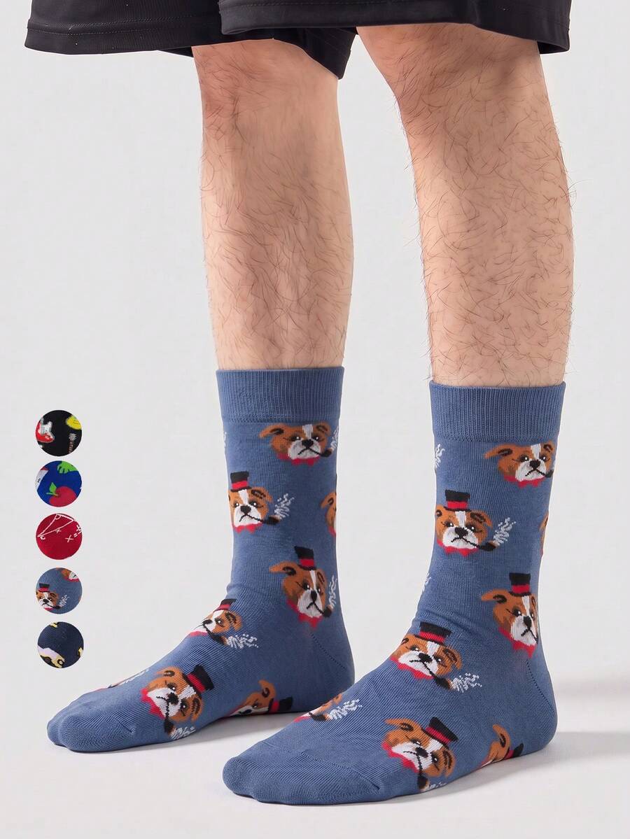 1/5/10 Pairs Men's Mid-Calf Socks, Funny Dog With Hat Cartoon Unisex Sports Style Long Socks, Crazy Happy Socks - Multicolor - View 1