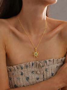 1pc Vintage Gold Color Stainless Steel Sunburst Turquoise Pendant Necklace With Copper Charm For Women Boho Party Daily Jewelry Gift - Multicolor - View 4