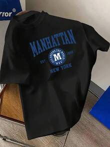 Plus Size Men's% Cotton Manhattan New York 1898 Short-Sleeve-Shirt, Comfortable Casual Short-Sleeved-Shirt Summer, PLUS SIZE - Black - View 1