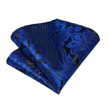 5Pcs Men Blue Paisley Jacquard Self-Tie Bow Tie Pocket Square Detachable Cufflinks Ring Boutonniere Set, Cufflinks Random Pattern, Wedding Formal - Blue - View 4