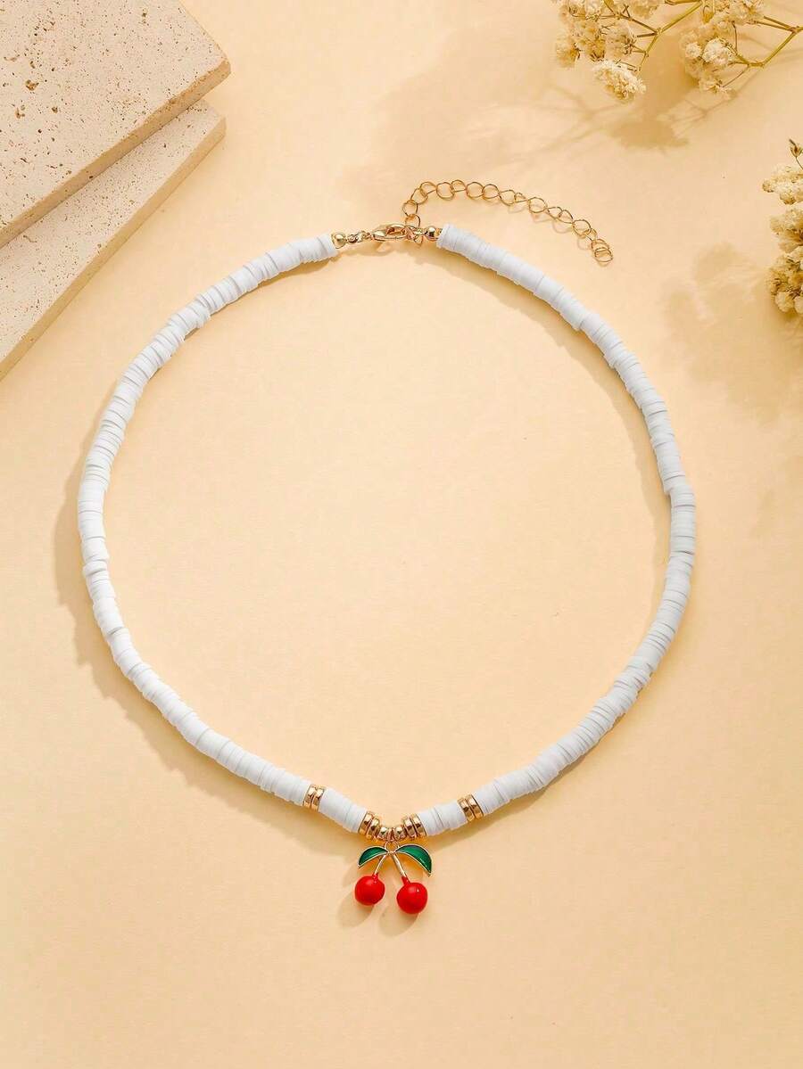 1pc Women's Sweet Fashion Soft Clay Beaded Alloy Cherry Pendant Necklace, Cute Versatile Daily Wear, Best Gift Choice - Multicolor - View 1