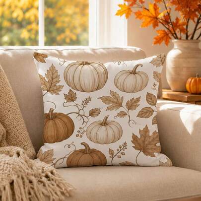 1pc Autumn Vintage Light Brown Pumpkin Cushion Cover, Single-Sided Printed Peach Skin Velvet Polyester Material, 45*45CM/18*18inch Pillowcase Suitable For Room Decoration, Modern Minimalist Sofa Living Room Decor, Gift Giving, Party Decoration