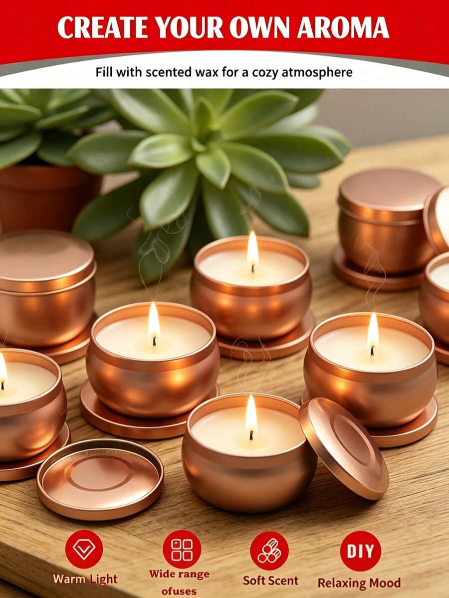 10pcs Rose Gold Metal Empty Candle Tins With Matching Lids, Round Iron Candle Containers Without Wax, Multi-Purpose Handmade Containers For DIY Scented Candle Making, Wedding Table Centerpiece Decor, Home Decor, Holiday Handmade Gifts And Small Jewelry Storage