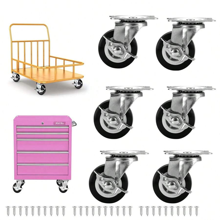 24件組重型工業級腳輪組含煞車(4個煞車輪 + 20個螺絲),鐵製輪圈靜音輪面,360°旋轉腳輪,適用於家具推車、收納箱、小型家具、廚房電器、工作台腳輪等 - 4個煞車車輪+20個螺絲 - 查看 1