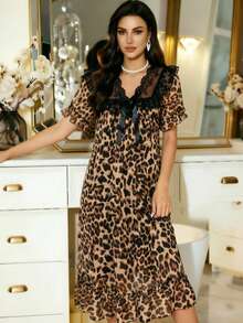 Camisón de mujer con estampado de leopardo, encaje de contraste, lazo delantero, volantes y manga corta de largo medio - Multicolor - Ver 4