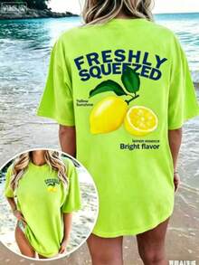 FRESHLY SQUEEZED Casual Lemon Vacation Atmosphere Graphic Oversized Round Neck Short Sleeve-Shirt WomenUnisex Casual-Shirts - 螢光綠 - 查看 3