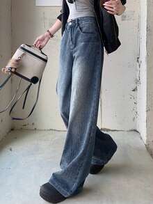 American Style Rhinestone Studded Wide Leg High Waist Loose Straight Leg Jeans For Women - Blue - View 2