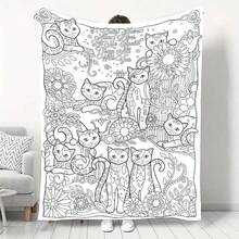 1 st rolig katt-färgläggningsfilt i flanell, handritad doodle-pläd för vuxna för stresslindring, DIY-färgläggningsfilt för hem, kontor och fritid, mjuk hudvänlig återanvändbar kreativ dekorativ filt, lämplig för färgläggningsentusiaster, kreativ interaktiv present - Multifärgad - Visa 1