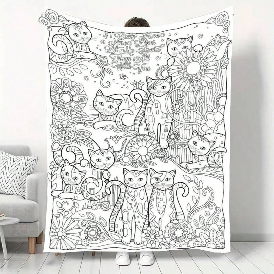 1 st rolig katt-färgläggningsfilt i flanell, handritad doodle-pläd för vuxna för stresslindring, DIY-färgläggningsfilt för hem, kontor och fritid, mjuk hudvänlig återanvändbar kreativ dekorativ filt, lämplig för färgläggningsentusiaster, kreativ interaktiv present - Multifärgad - Visa 1