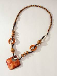 Nocturel 1pc/Set Beaded Rice-Shaped Chain With Square Printed Pendant Fashionable Retro Vacation Style Women's Necklace - Beads - View 2