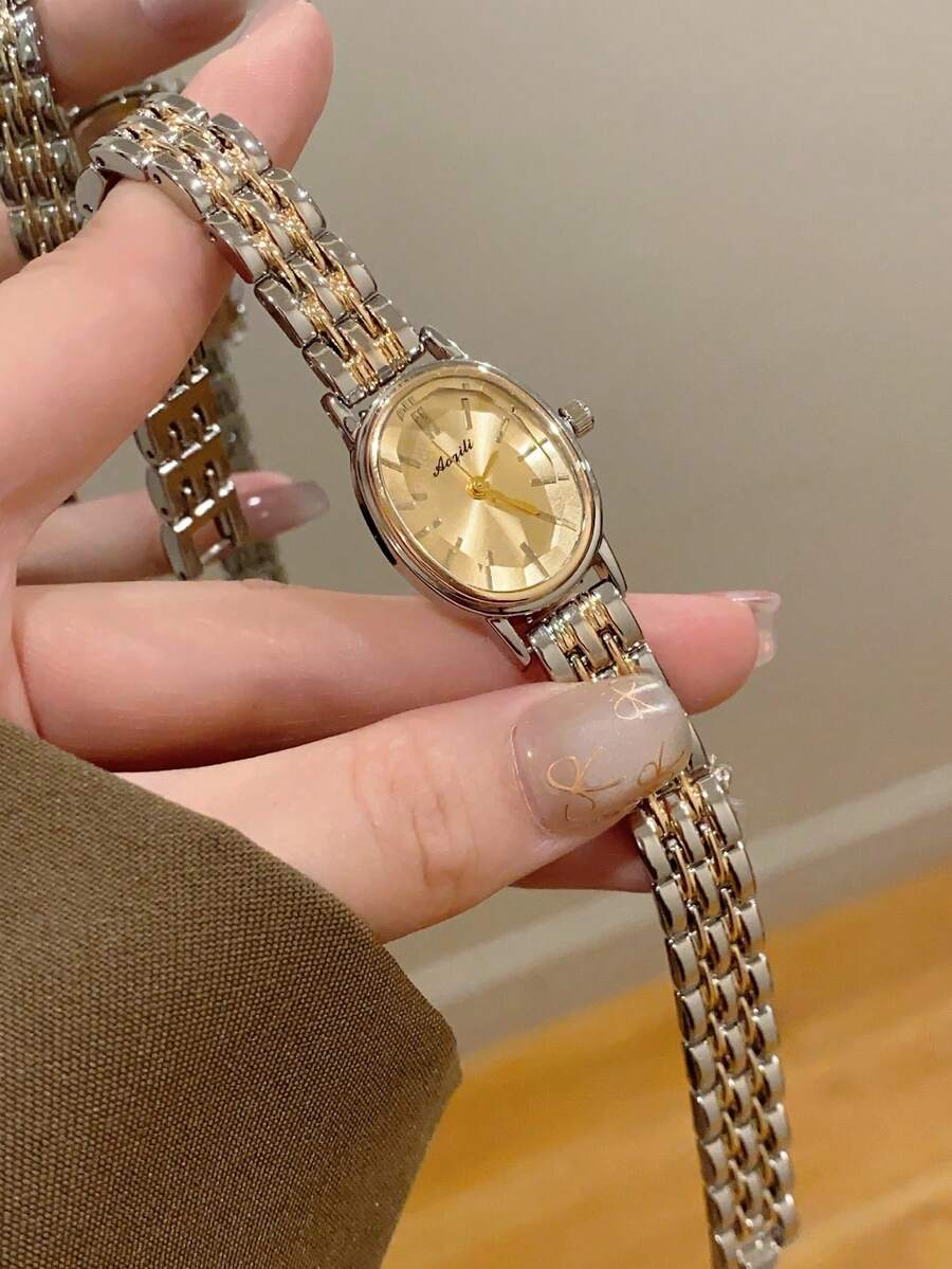 1件女款優雅金色手鍊腕錶,緊湊耐用時尚方形螢幕,迷人禮物首選,適合日常配戴 - 銀間金 - 查看 1