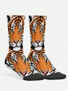 Cool 360° Printed Men's Socks - Street Style Socks, Tiger, Leopard, Animal Socks, Colorful, Street Art, Fun Socks, Suitable For Gifts, Daily, Holiday & Party Occasions - Orange - View 3
