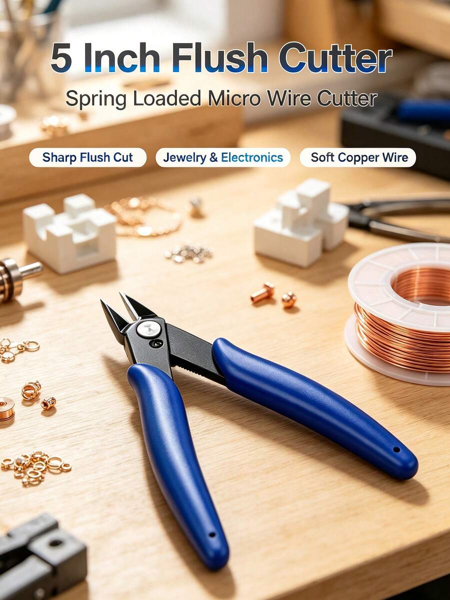 5 Inch Micro Flush Cutter, Small Wire Cutters Spring Loaded Cutting Pliers, Wire Cutters For Jewelry Making, Soft Copper Wire, Floral, Electronics, Model Craft, Heating Wire, 3D Print - A - View 1