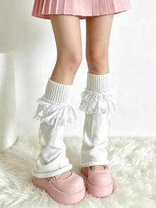 1 Pair Japanese Sweet Style Trumpet Leg Warmers, Dopamine Candy Colorful Ruffle Cuff, Foldable Y2K Star Cartoon Knit Wide Leg Leg Warmers, Soft Girl Daily Outfit - Multicolor - View 2