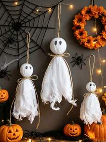 1pc Mesh Ghost Twine Hanging Ornament Garland, Gothic Halloween Window Mantel Decor, Farmhouse Fall Thanksgiving Tiered Tray Banner, Dark Aesthetic Autumn Holiday Porch Wall Tabletop Hanging Accessory Indoor Horror Theme Party Home Decoration - Multicolor B - View 6