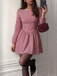 Vintage Style Backless Bow Plaid Dress - Red - View 7