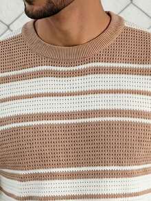 GRDR Men's Striped Colorblock Hollow Knit Sweater - Fashionable Minimalist Long Sleeve Pullover - Apricot - View 10