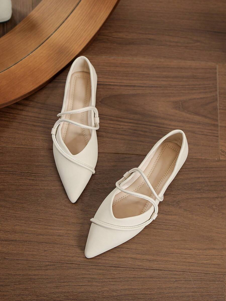 New Minimalist Shallow Pointed Toe Pumps With Wrap-Around Thin Strap Design, 2cm Hidden Inner Height Soft Sole Flat Shoes, Commute Date Slimming Versatile Elegant Women's Shoes - Off White - View 1