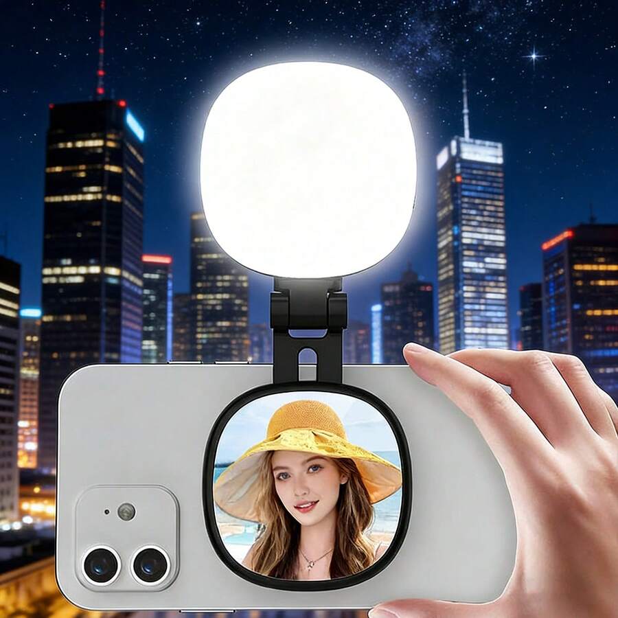 補光化妝鏡手機支架 3合1，可調節三色光，磁吸安裝，易於使用，600mAh充電電池，輕巧便攜，隨時照亮你的美，適用於各種手機拍攝場景