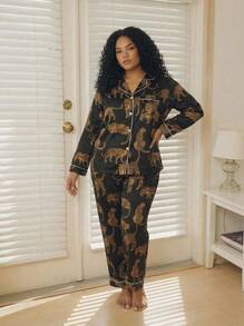 CAJUNI Plus Size Women's Leopard Print Long Sleeve Lapel Pajama Pants Set - Black - View 4