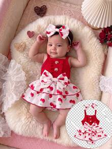 Conjunto de 2 piezas para niña bebé con estampado de cereza y corazón, vestido tipo Mono de capa doble con volantes, tirantes finos, acanalado rojo y patchwork de estampado de cereza + diadema con lazo a juego - Rosa Roja - Ver 2