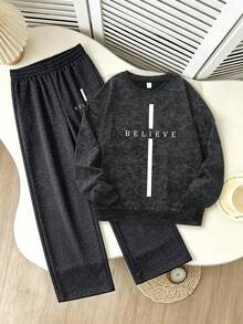 2pcs/Set Boys Crew Neck Sweatshirt & Wide Leg Pants Outfit, Minimalist Print Design, Casual Comfortable Daily Wear Set, Autumn/Winter New Arrival - Black - View 3