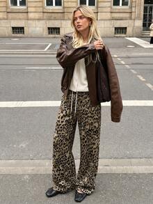 Women's Pink Leopard Print Drawstring Straight Leg Casual Pants With Pockets, Lightweight Stretchy Polyester Fabric - Coffee Brown - View 7
