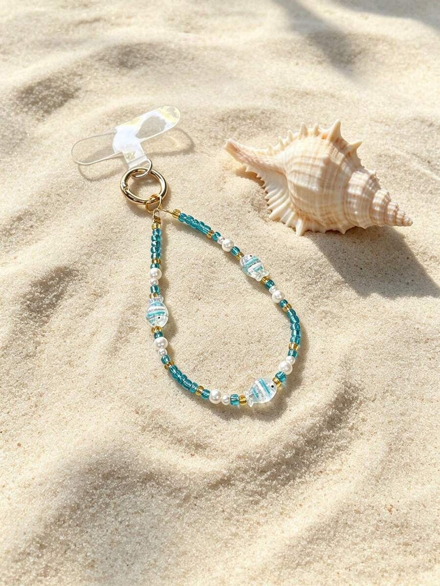 1 pieza Cordón para teléfono de verano bohemio con cuentas de semilla de pez, correa decorativa para muñeca anti-pérdida para mujeres (color de pez aleatorio) - Multicolor - Ver 1