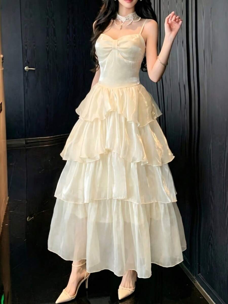 French Elegant Layered Ruffle Party Ball Gown, Evening Dress, Formal Wedding Guest Dress, Spaghetti Strap Prom Dress - Apricot - View 1