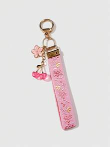 Double-Sided Embroidered Wrist Strap Keychain With Cherry & Flower Charms - Multicolor - View 4