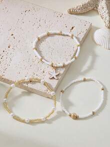 3pcs Summer Bohemian Style Women's Simple White Beaded, Faux Pearl Beaded Anklet Set, Gold Starfish & Shell Decor, Suitable For Daily Wear, Beach, Travel, Gift - Multicolor - View 3