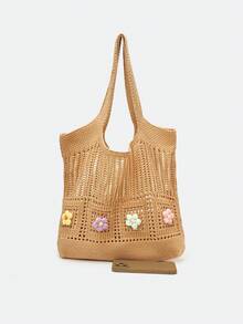 Dedoo Bolso Bandolera Casual Retro con Flores Caladas y Contraste de Color (La Posición del Color de las Flores es Aleatoria) (El Color/Patrón de la Correa del Hombro es Aleatorio) - Marrón - Ver 10
