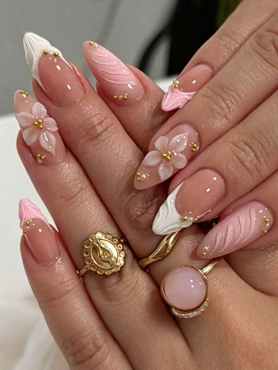 24片中號杏仁形穿戴式假指甲,白色3D花卉設計,粉色法式邊緣配粉色底色,適合四季日常配戴、約會與社交場合,送給女孩與女性的最佳假指甲禮物 - 粉色 - 查看 1