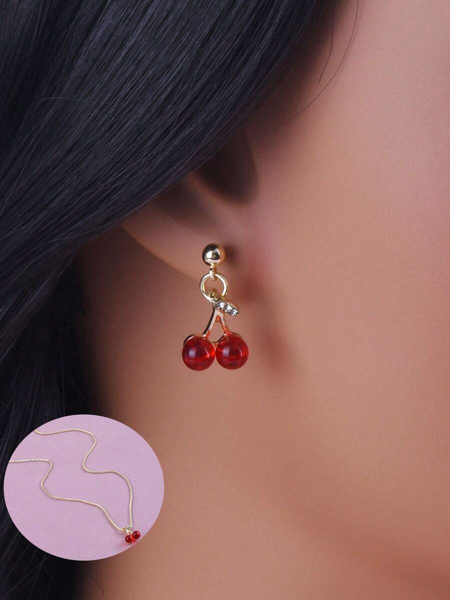 1 Set/1pc Necklace + 1 Pair Earrings Fashion Sweet Style Metal Rhinestone Cherry Design Necklace & Earrings Jewelry Set For Women Daily Wear, Holiday Birthday Gift For Friends - Yellow Gold - View 1