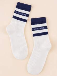 1/5 pares de calcetines de media caña para mujer con estampado minimalista de letras azul y blanco, versátiles para el uso diario - Multicolor - Ver 7