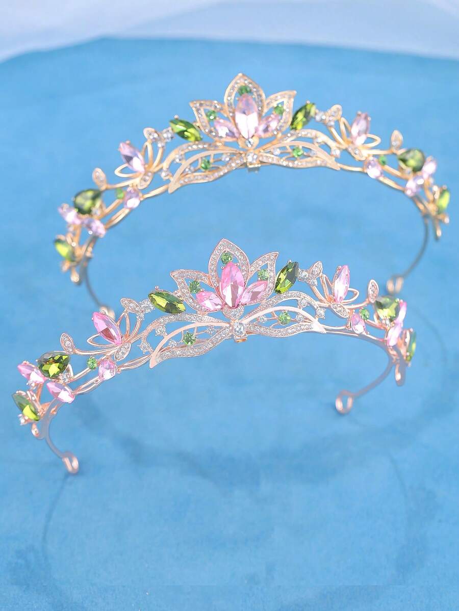 KOVLYNE 1件女款奢華金色水晶皇冠,粉色與綠色水鑽公主風新娘頭飾,適用於婚禮、舞會與選美比賽 - 彩色 - 查看 1