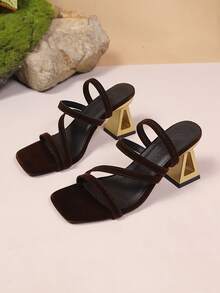Women's Summer French Style Thin Strap Square Toe Hollow Metal Trapezoid Chunky Heel Back Strap Elegant Date Open Toe Roman Sandals - Brown - View 1