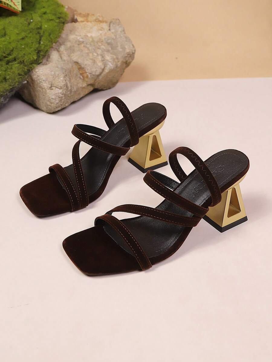 Women's Summer French Style Thin Strap Square Toe Hollow Metal Trapezoid Chunky Heel Back Strap Elegant Date Open Toe Roman Sandals - Brown - View 1