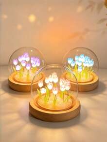 Handmade Tulip Night Light Glass Dome Table Lamp Wooden Base Warm Color LED Colorful Light Bedroom Dorm Bedside Decor Gift For Girls Aesthetic Style Room Decoration, Ideal Gift For Valentine's Day, Mother's Day, Birthday Or Best Friend - Multicolor - View 2