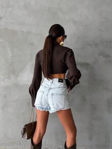 SQUALO Graue Damen-Sommer-Denim-Shorts mit hohem Bund und ausgefranstem Saum - Blau - Übersicht 4